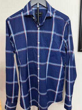 Bugatchi Plaid Long-Sleeve Dress Shirt with Red, White and Light Blue - Medium